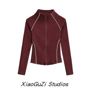 小谷姿时尚镶色条纹设计感立领休闲显瘦上衣紧身运动高腰T恤衫女