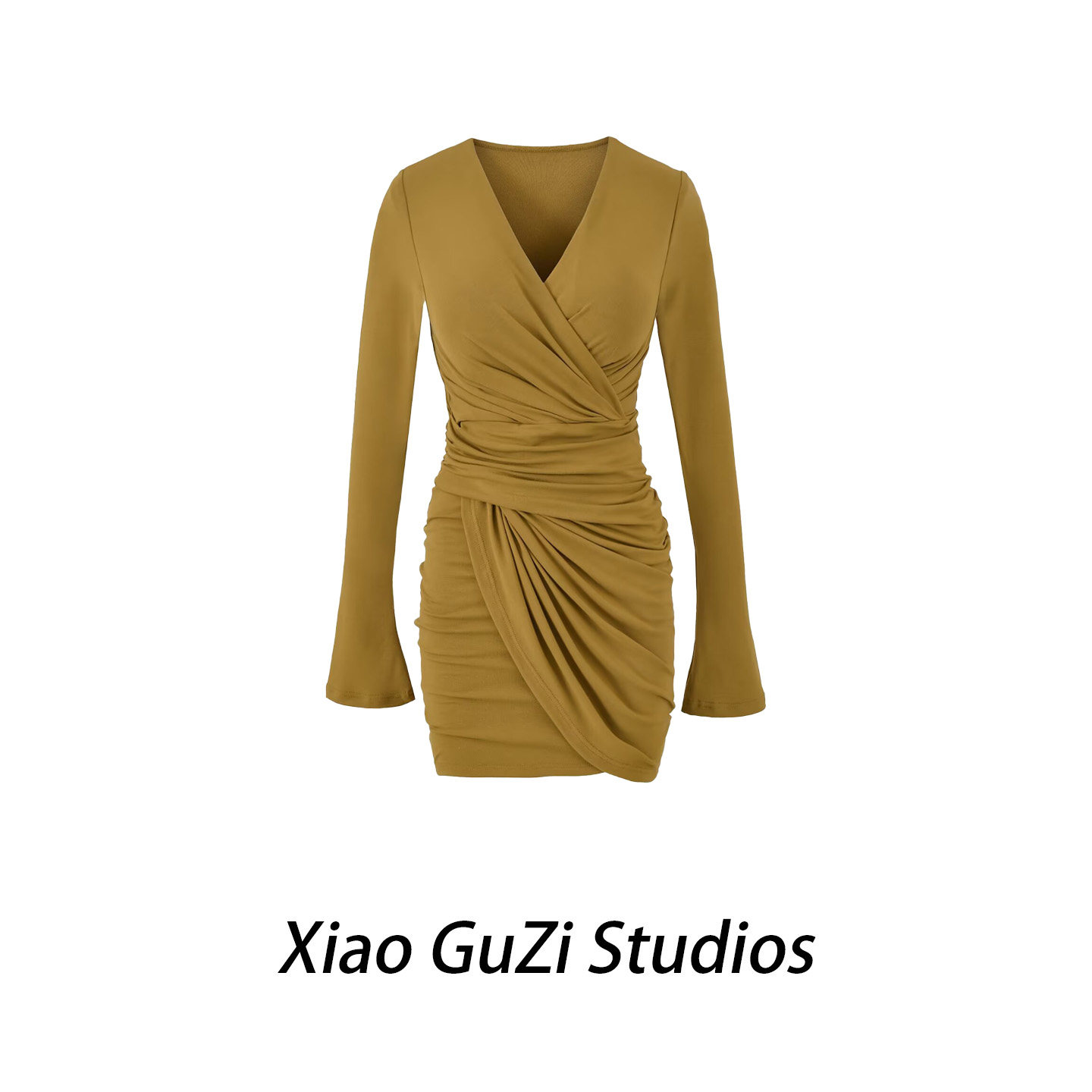 小谷姿春秋交叉V领褶皱长袖不规则带胸垫性感纯欲气质包臀连衣裙,女装/女士精品,连衣裙,淘宝优惠券,粉丝福利购,淘宝优惠卷