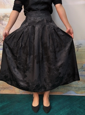 【大牡丹大摆裙】 黑天鹅大裙摆重缎香云纱100桑蚕丝半裙dz089