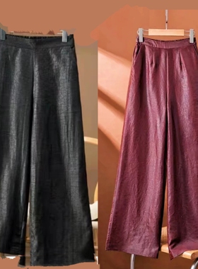 【100%桑蚕丝龟裂纹直筒裤】老料香云纱半松紧腰桑蚕丝裤dz066