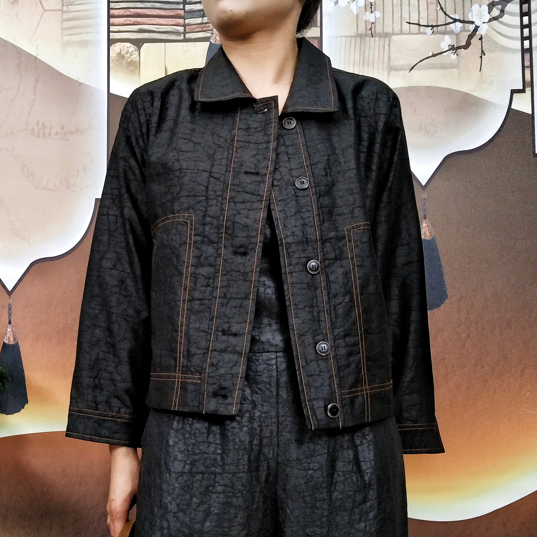 翻领上衣长袖开衫外套桑蚕丝