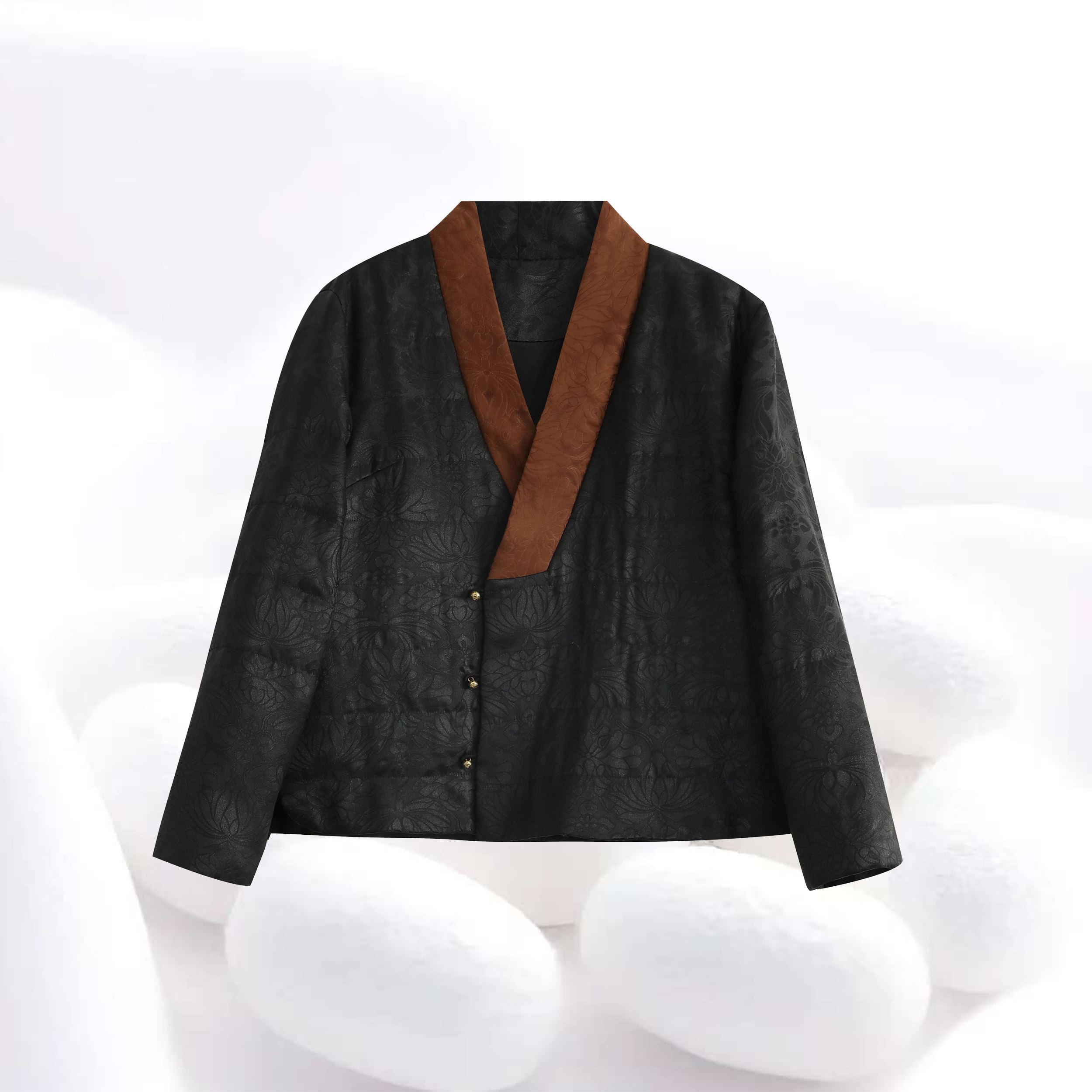 【重缎提花蚕丝棉服】100%桑蚕丝香云纱叠V领上衣蚕丝棉外套dz162