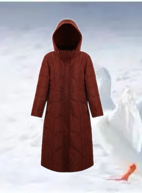 【连帽红云纱长鹅绒服】90白鹅绒加长加厚保暖带帽子长外套dz256