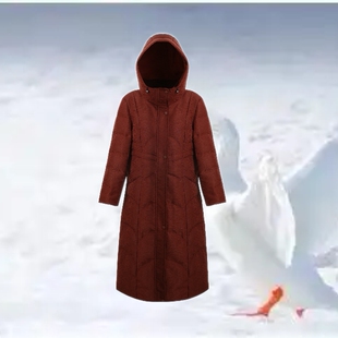 【连帽红云纱长鹅绒服】90白鹅绒加长加厚保暖带帽子长外套dz256