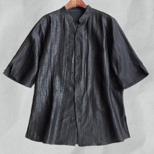 中国风龟裂纹香云纱短袖上衣立领