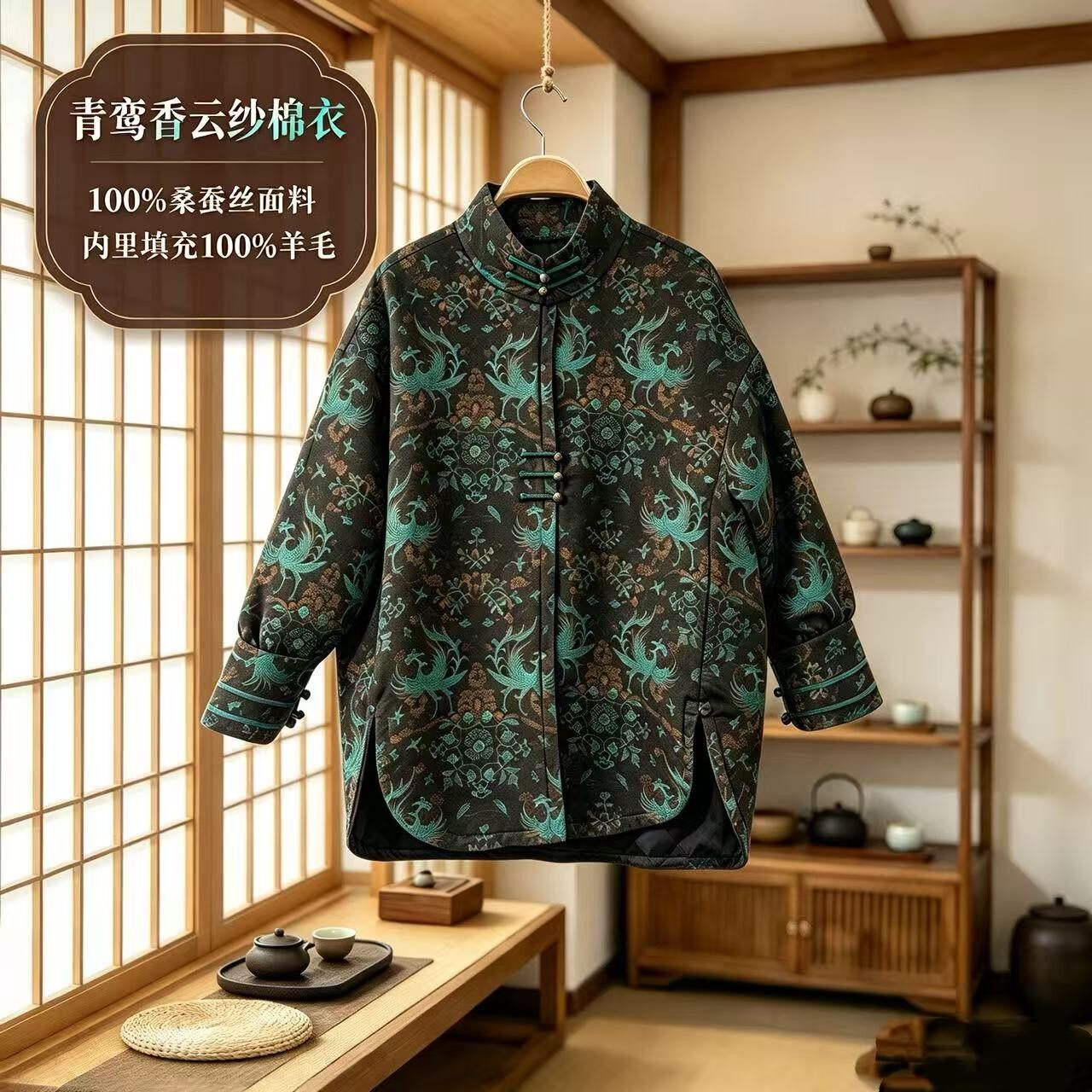 【青鸾香云纱棉衣】100%桑蚕丝新中式复古灯笼长袖立领dz616