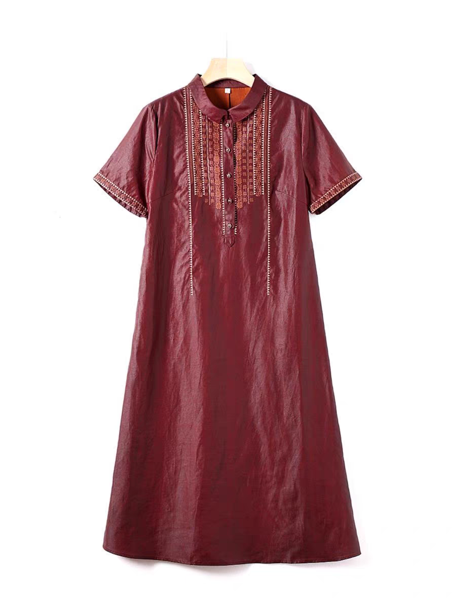 【民族风刺绣油皮连衣裙】100%桑蚕丝龟裂纹香云纱短袖裙子ds363