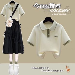 夏季洋气套装女童学生公主裙套装韩版宽松T恤+蝴蝶结半身裙两件套