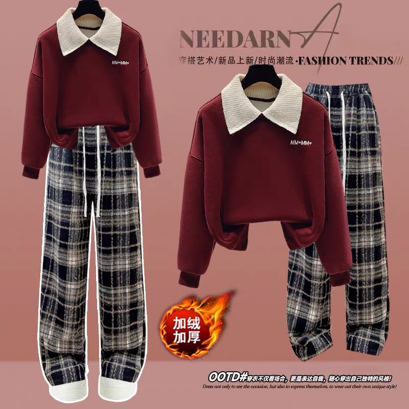 红色新年战袍少女大童卫衣套装秋冬季拜年服上衣加绒格子阔腿裤潮