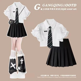女童夏季jk制服套装2026新款学院风衬衫短袖中大童百褶短裙两件套