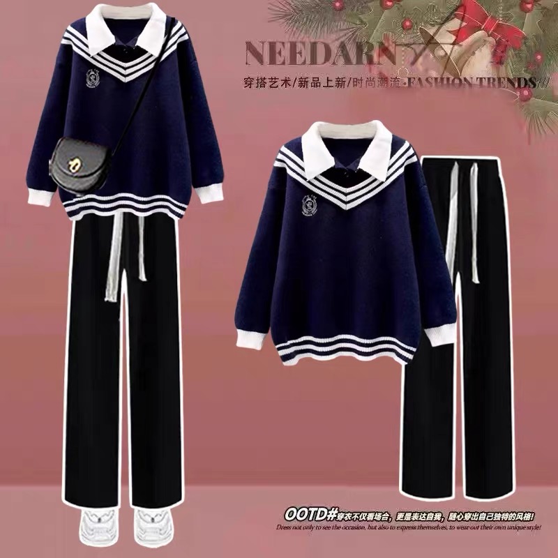 学院风毛衣少女套装2025秋冬装大童初高中学生假两件针织衫两件套