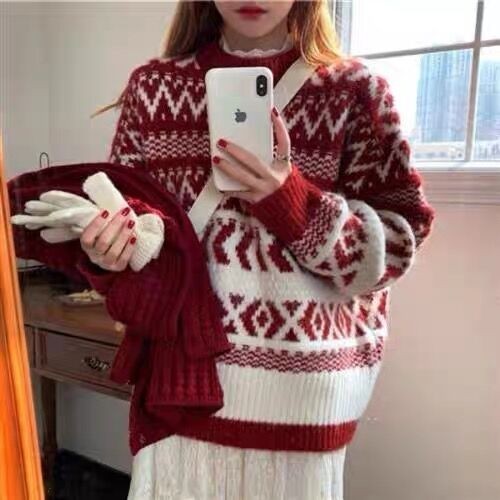 毛衣女秋冬季厚款红色新年衣服爆款圣诞节本命年少女上衣时尚洋气