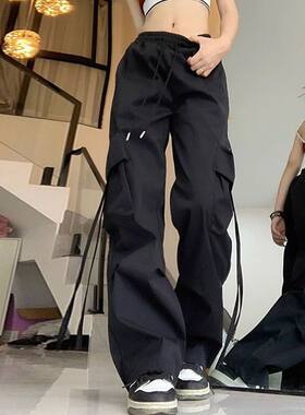 中大童工装裤女夏季裤子春秋薄款学生宽松降落伞裤hiphop阔腿束脚