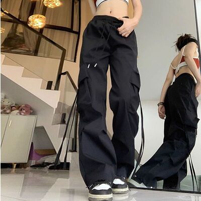 中大童工装裤女夏季裤子春秋薄款学生宽松降落伞裤hiphop阔腿束脚