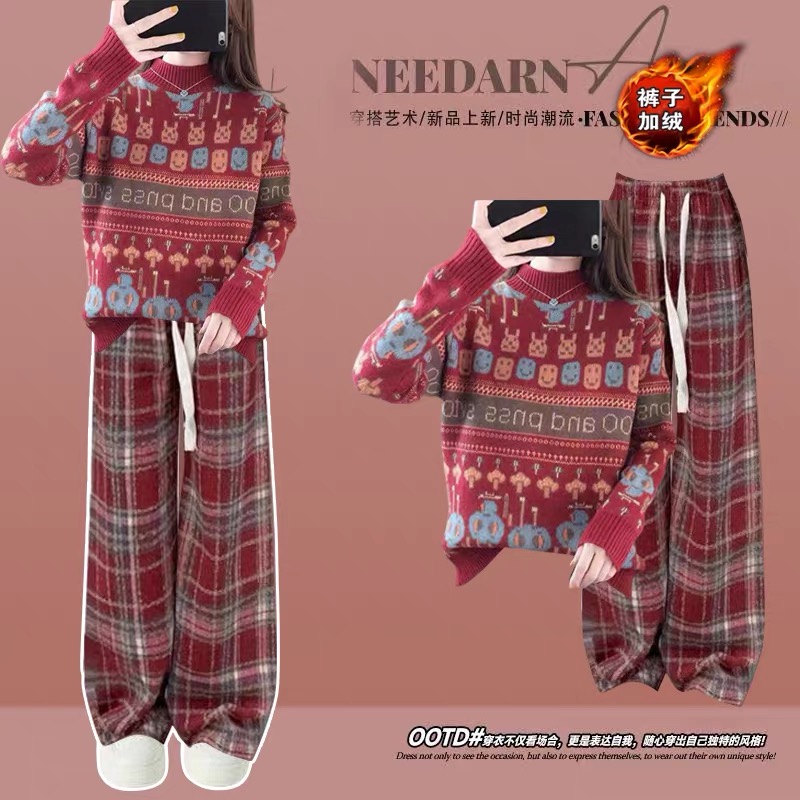 秋冬季本命年红色毛衣阔腿裤套装