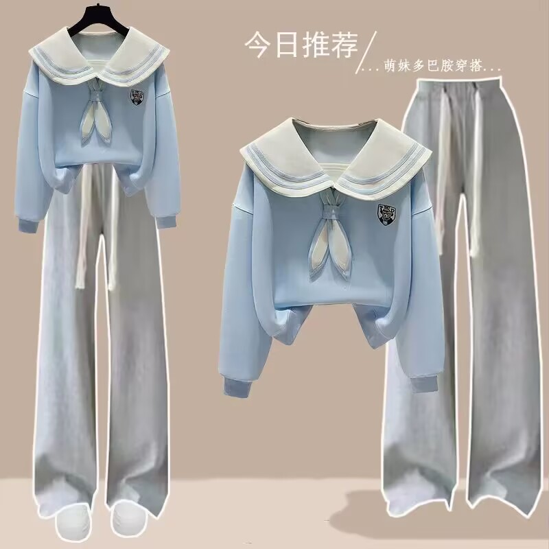 甜美少女大童卫衣秋装2024新款初中高中学生海军领上衣洋气两件套