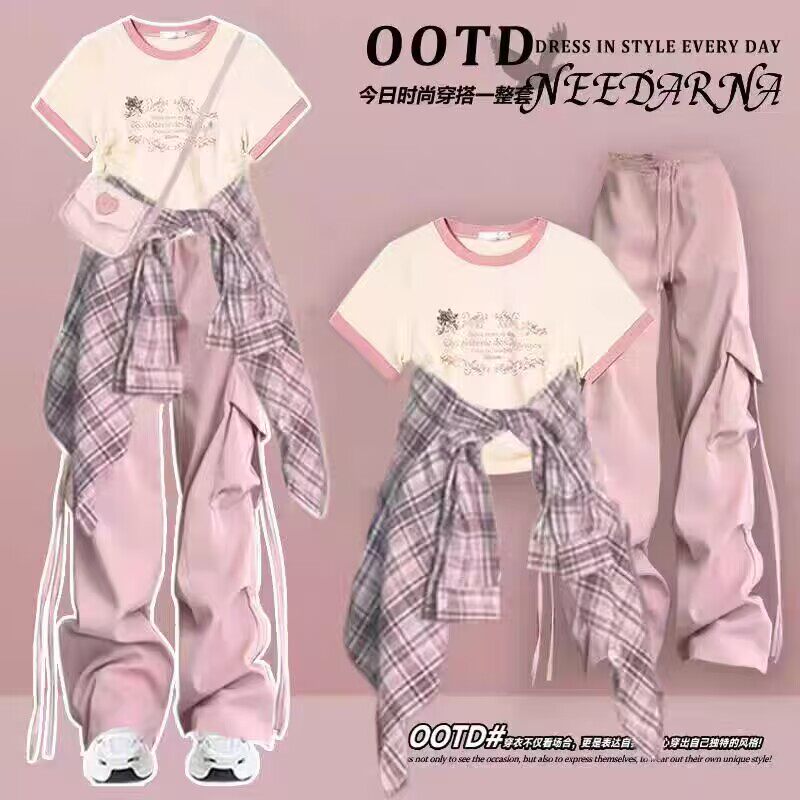 大童学生衬衫短袖t恤三件套装少女15衣服女初中生夏季时尚工装裤