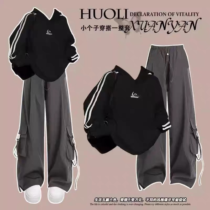 套装初中生大童少女美式复古连帽卫衣女秋季新款设计感小众两件套