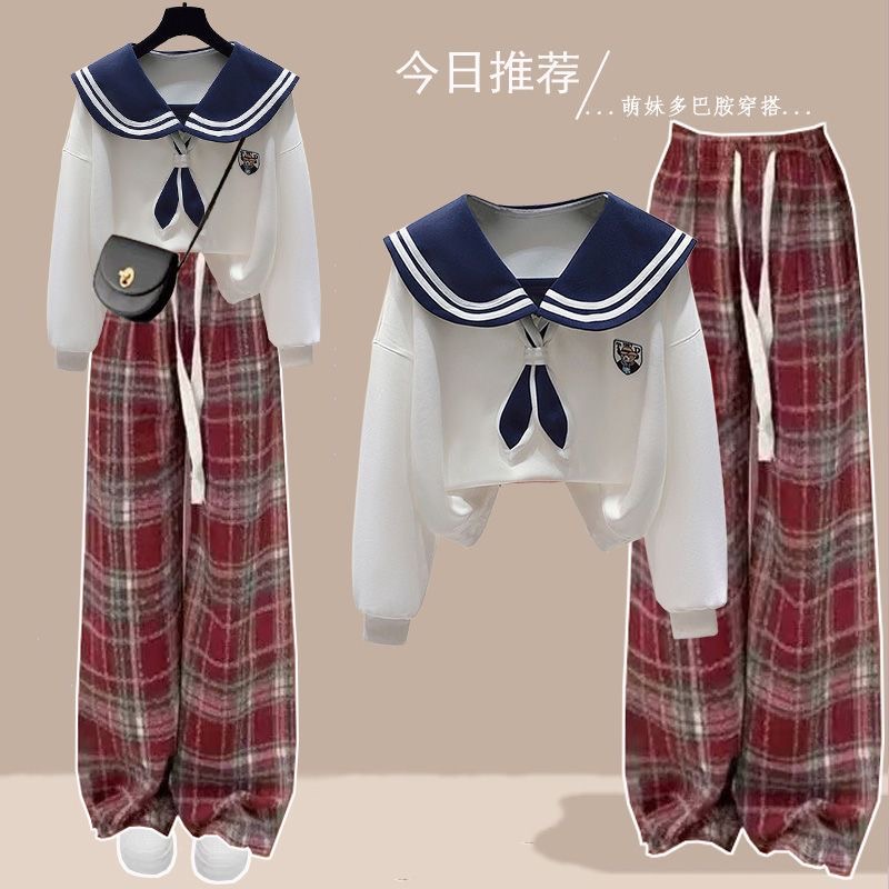 春秋季娃娃领卫衣女毛呢裤两件套