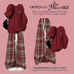 圣诞节秋冬季穿搭一整套红色毛衣少女大童套装秋装新年战袍两件套