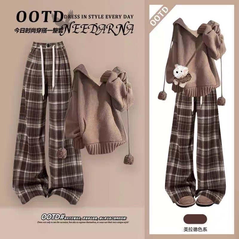 美拉德毛衣套装少女大童学院风初秋装搭配一整套韩系阔腿裤两件套