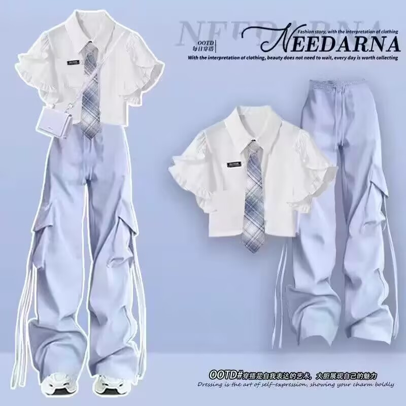 甜美少女JK衬衫领带工装裤两件套