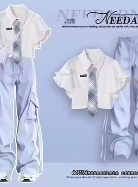 甜美少女JK衬衫领带工装裤两件套