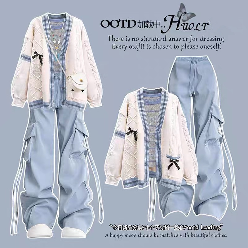 中大童秋季毛衣套装甜美少女孩时尚衣服女初中生开衫工装裤两件套