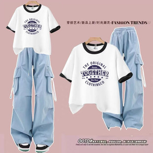 中大童韩系纯棉短袖女童宽松酷潮套装夏季少女装工装裤两件套潮流