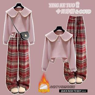 初中生加绒套装女大童秋冬季新款少女装学生卫衣红色阔腿裤两件套