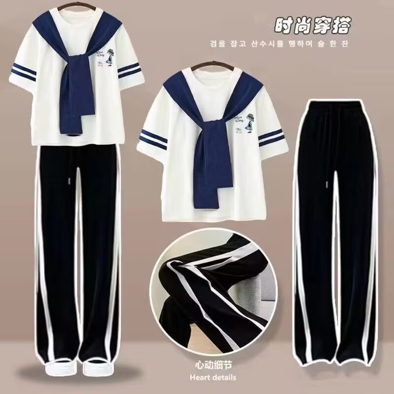 初高中学生休闲运动服套装女大童设计感短袖T恤+休闲裤两件套夏季