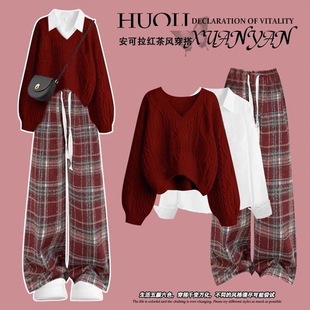 少女大童秋冬季圣诞战袍套装女过年穿搭红色针织毛衣阔腿裤三件套