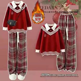 红色毛衣女大童新年衣服女初中生秋冬装2025新款秋冬学生过年套装