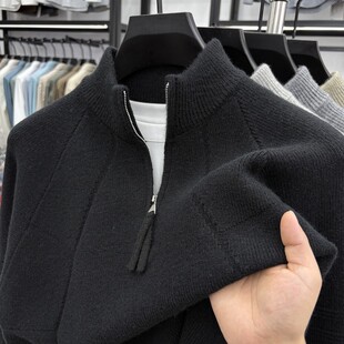 秋冬季男士半高拉链针织毛衣青年复古提花针织衫纯色百搭休闲毛衣