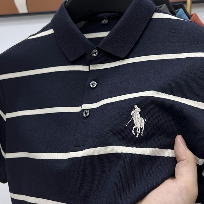 高端短袖条纹polo衫男翻领时尚休