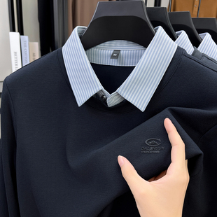 保罗衫假两件衬衫领长袖T恤男士2025春秋季新款中年款打底上衣