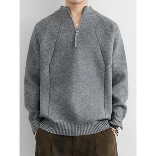 半拉链立领毛衣男士秋冬季高级感宽松韩系提花针织衫帅气加厚线衣