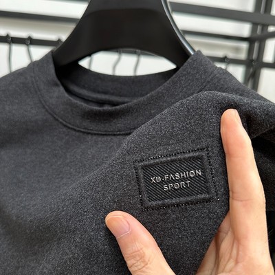 双面德绒短袖T恤男士秋冬季加厚磨毛保暖半袖圆领打底衫内搭上衣