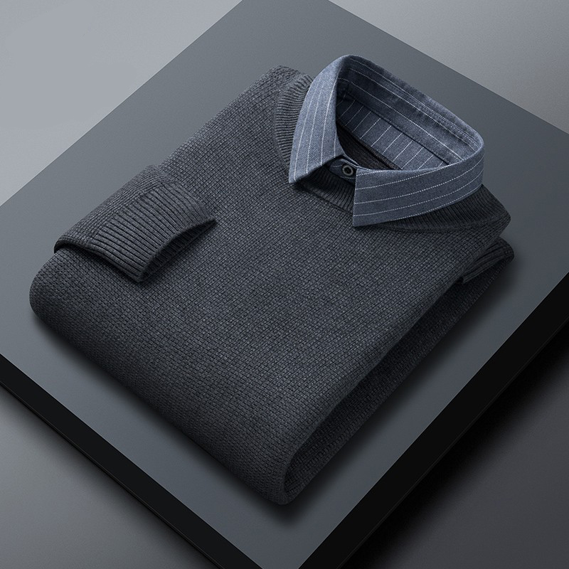 男装正品假两件毛衣男衬衫领韩版潮流秋季薄款休闲宽松针织打底衫