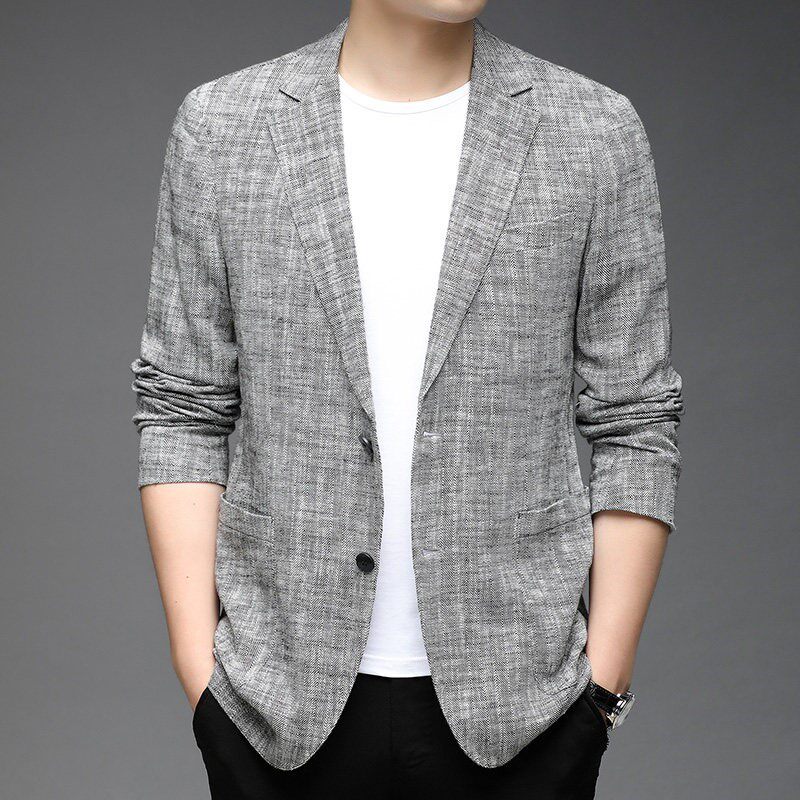 棉麻小西装男士韩版休闲西服男装春秋季国潮亚麻单西麻料便服外套