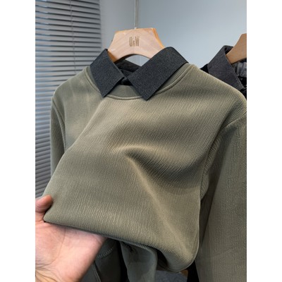 丝绒衬衫领假两件卫衣男款加绒加