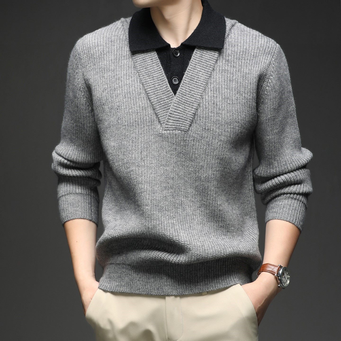 美式复古polo翻领毛衣男士秋冬季