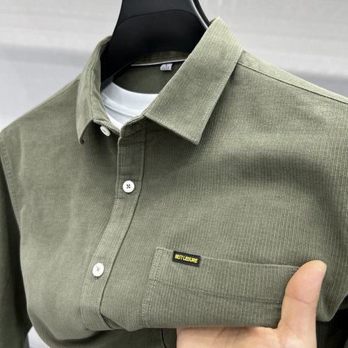 100%纯棉~带口袋~灯芯绒衬衫男长袖商务休闲秋装上衣中年男士衬衣