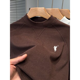 德荣绒打底衫男半高领秋冬季保罗刺绣长袖T恤男装纯色内搭插肩袖