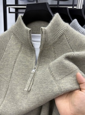 秋冬季男士半高拉链针织毛衣青年复古提花针织衫纯色百搭休闲毛衣