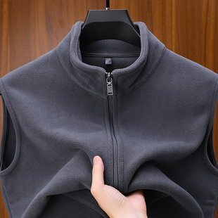 加绒加厚摇粒绒马甲男款冬季百搭无袖背心纯色拉链外套立领颗粒绒