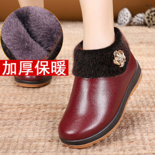 棉靴加绒保暖奶奶鞋 皮面防水妈妈鞋 短靴加厚防滑 女冬季 老北京棉鞋