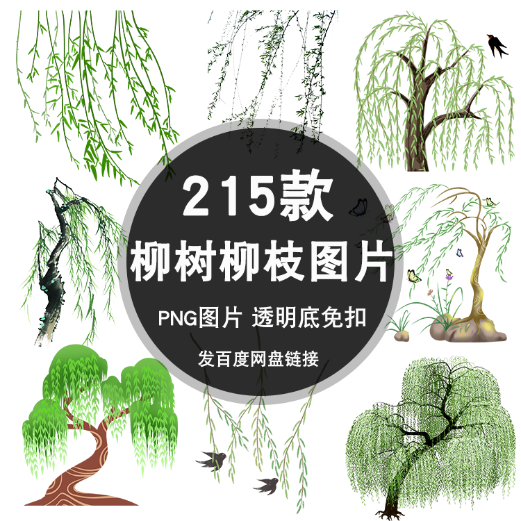 手绘唯美中国风柳树柳条png免扣素材 柳枝水墨春天绿色植物图片