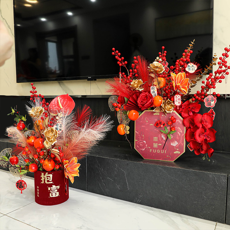 福桶装饰年宵花发财红果挂件过年布置喜庆抱抱桶摆件马年2026年货