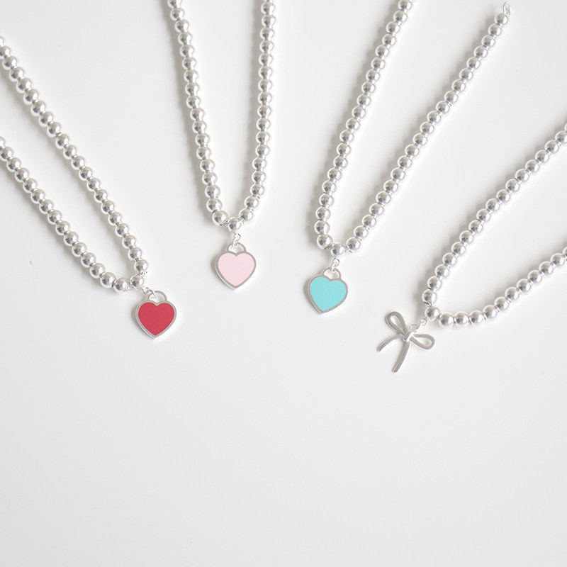 闺蜜AG925纯银饰珠珠T家手链蓝色爱心珐琅红色粉色手链女节日礼物